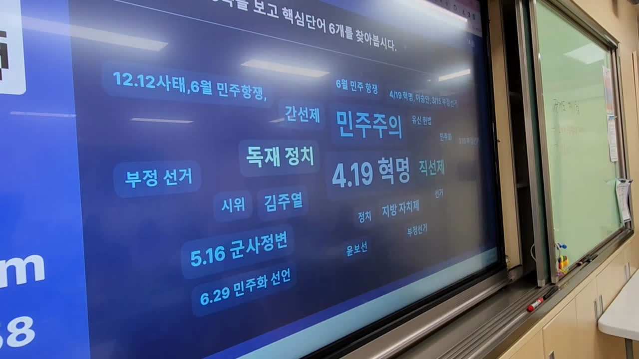 민주주의와 시민 참여에 관한 핵심어를 공동 화면에 모은 교실 장면